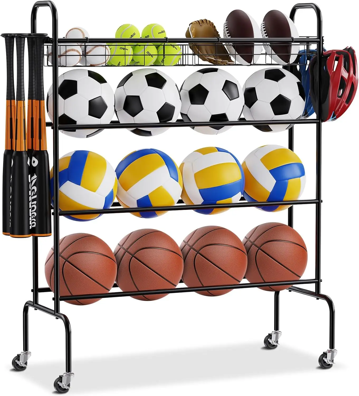 

Basketball Rack, 4-Layers Rolling Basketball Shooting Training Stand, Sports Equipment Storage Organizer with Wheels, Hooks