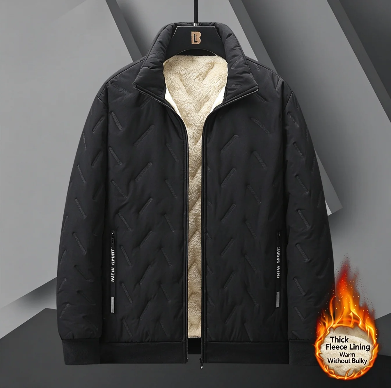 Winter Fleece Lined Jacket for Men, Warm Quilted Padded Coat, Casual Stand Collar Outerwear