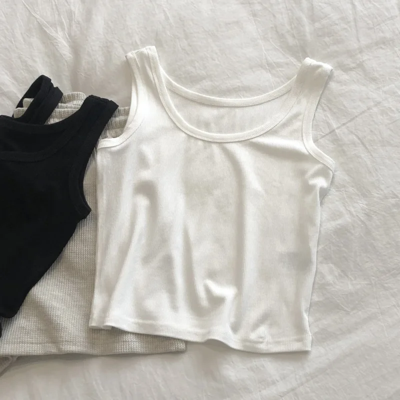 Fashionable Summer Solid Color Round Neck Threaded Elastic Vest for Women, Slim Fit and Slimming, Short Inner Top