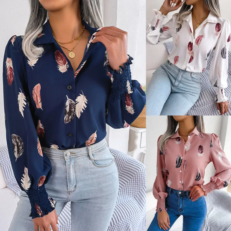 Women Spring Summer Temperament Feather Lantern Sleeve Lapel Shirt Casual Holiday Comfort Top Fashion Basics Commuter Women Wear