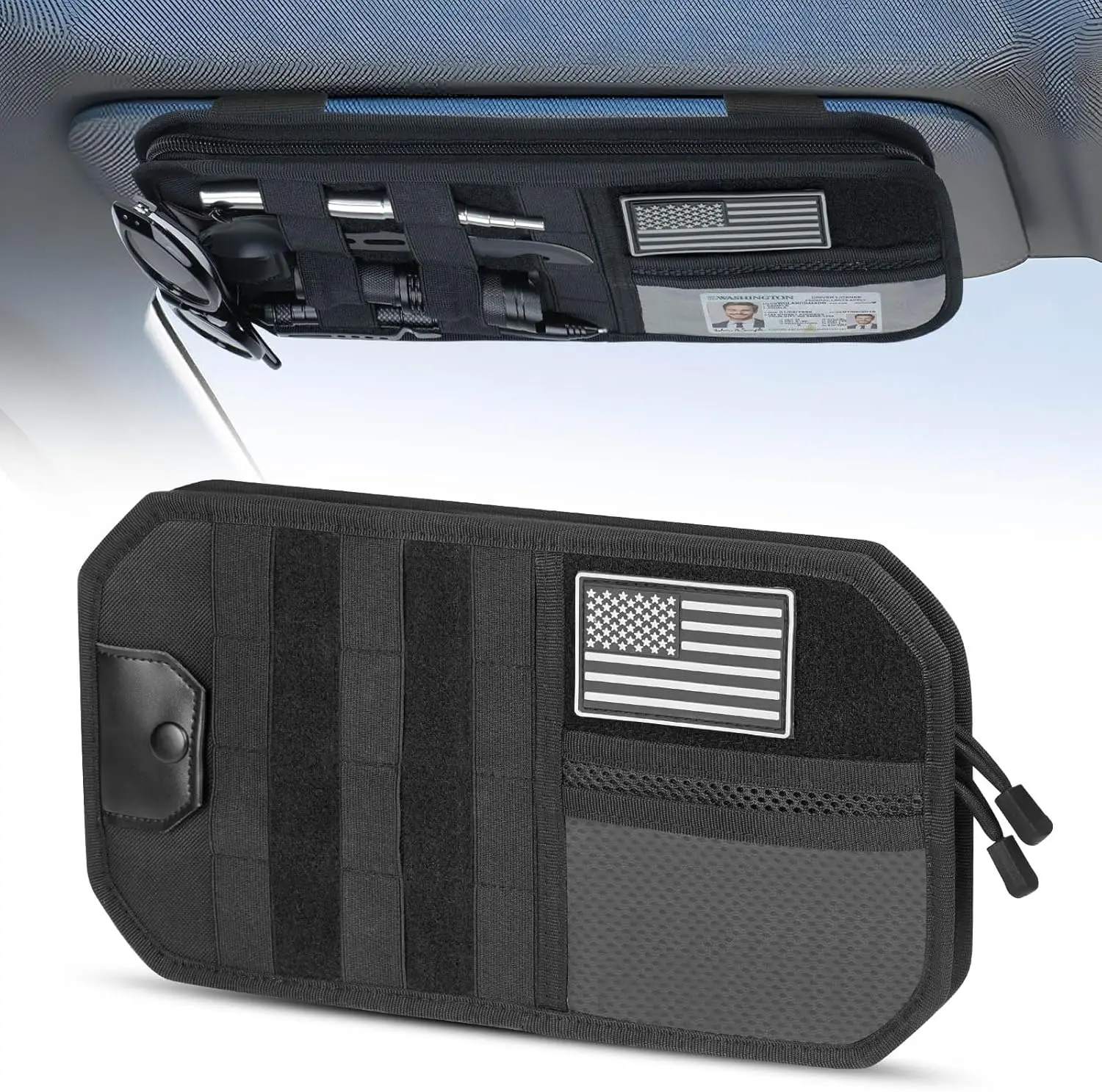 

Tactical Car Visor Organizer, 1000D Polyester with Zipper Pockets and Adjustable Straps for SUV Truck Storage
