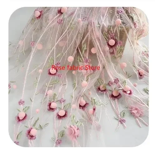 Pink 3D flower embroidery Lace Fabric ball floral soft tulle lace for wedding dress girl dress Veil 51
