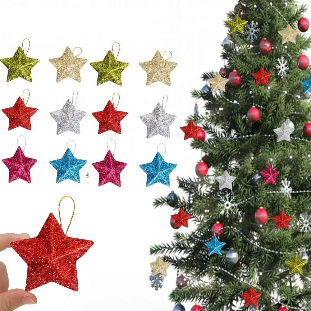 6/12pcs Glitter Mini Star Christmas Ornament Colorful Pendant New Tree Hanging Xmas Christmas Decoration Party Year Q0h0