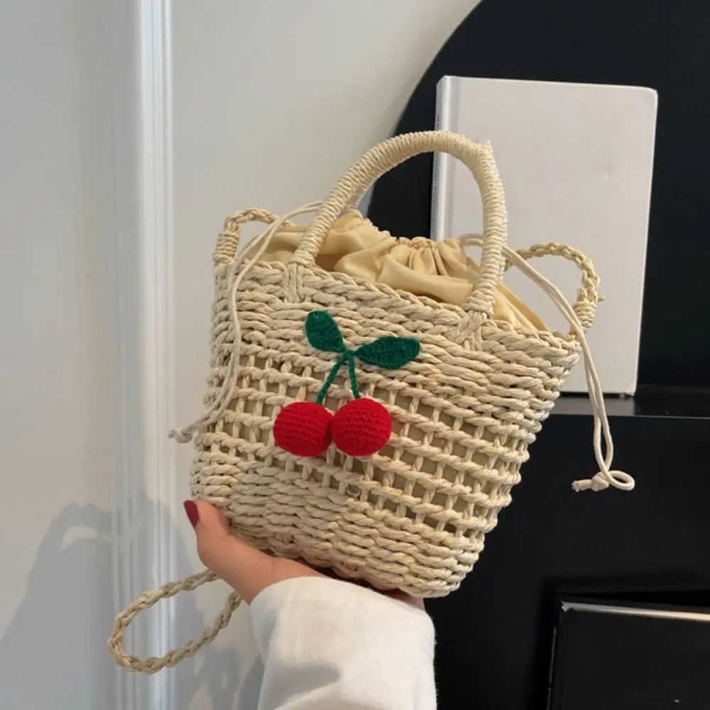 Sweet Cherry Lovely Woven Handbag Sunflower Shoulder Bag Straw Crossbody Bag Hollow Out Cute Summer Bag Girls