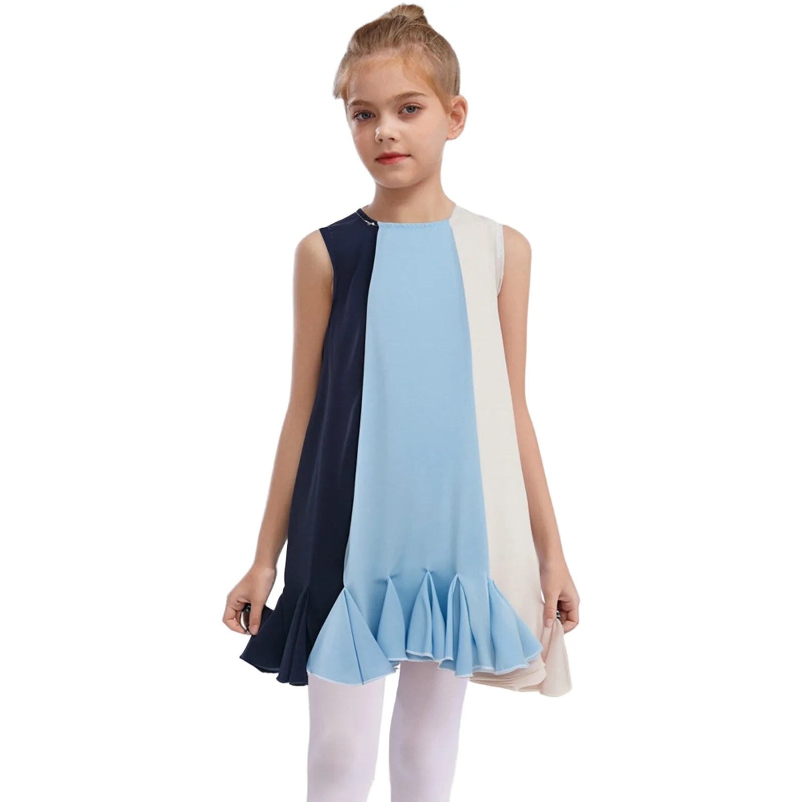 

Kids Girls Dress Summer CasualRound Neck Sleeveless Color Block Ruffled Hem Dress for Holiday Birthday Party Wedding Beachwear