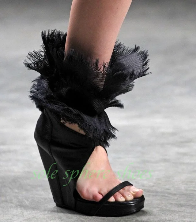 Women Black Tulle Fringe Ankle Cuff Wedge Sandals Strap Open Toe Platform Wedge Heel Runway Party Ladies Shoes Zapatos Mujer 46