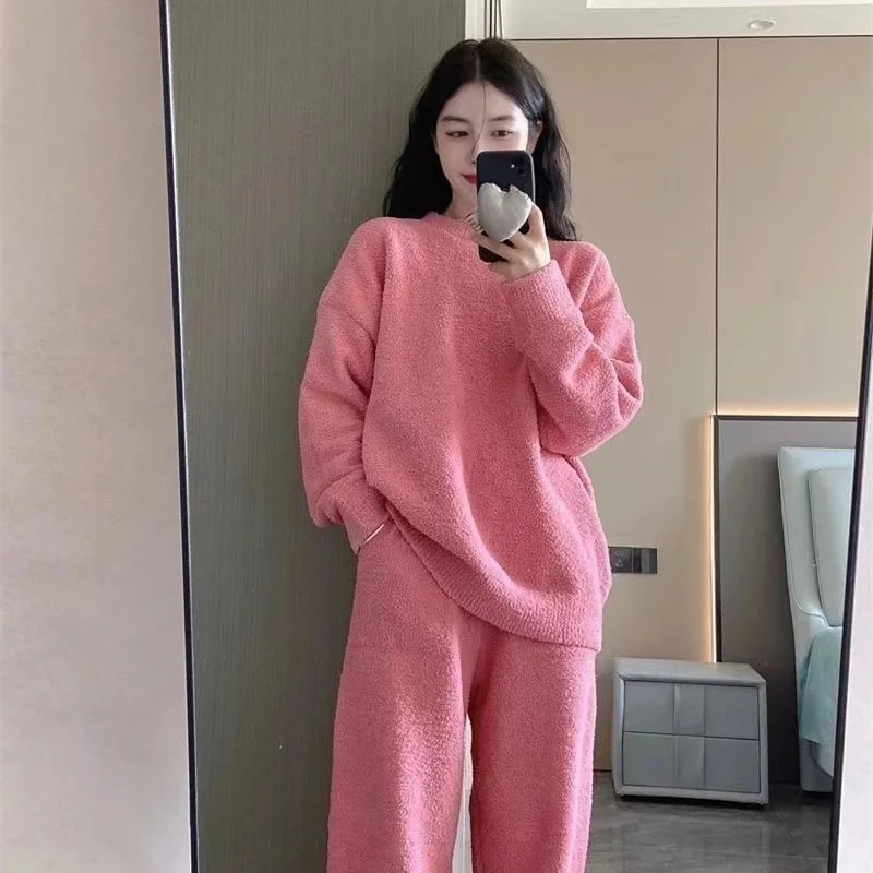 

Autumn Winter Fashion Women's Casual Lovely Solid Pink Warm Soft Sleepwear Nightgow Loose Pajamas With Pants Flannel Pullover