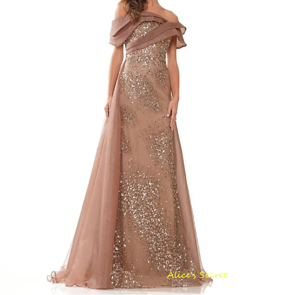 

A-line Organza Off Shoulder Sleeveless Sequined Beading Floor Length Sweep Train Prom Evening Gown Dress