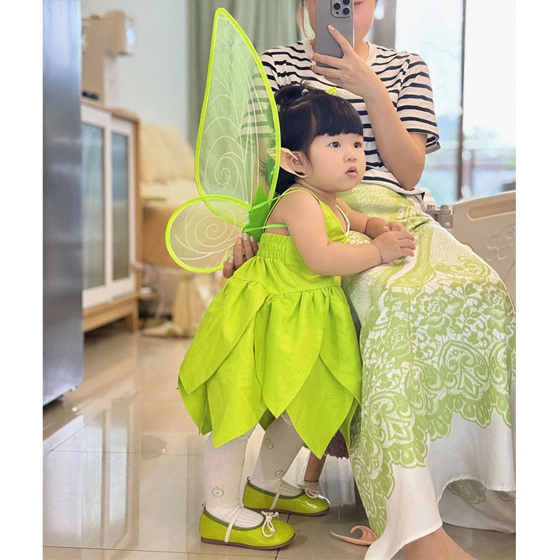 2024 Toddler Girl Halloween Cosplay Tinker Bell Costume Christmas Carnival Fancy Girl Party Green Elf Wing Fairy Princess Dress