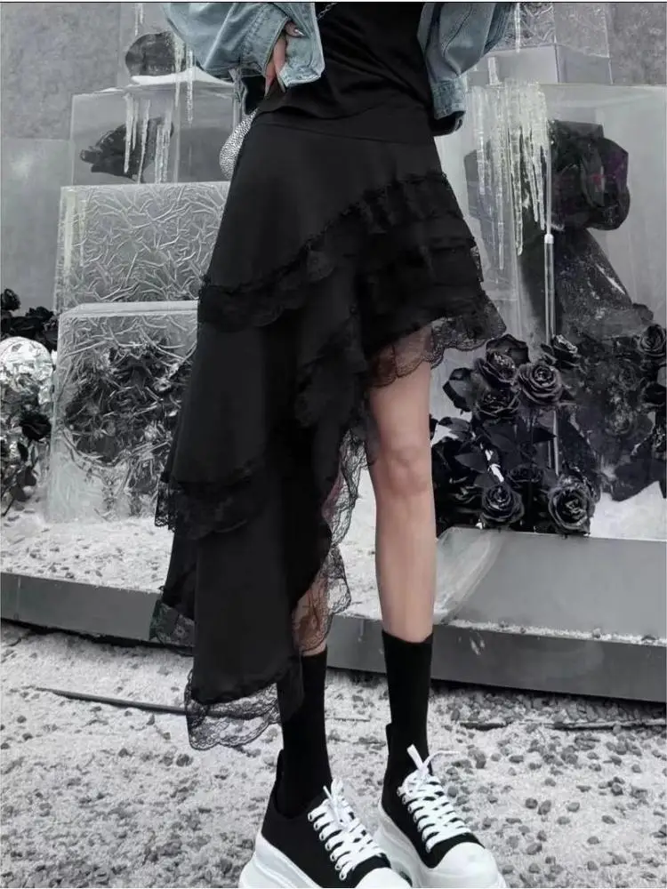 

Summer Black White Patchwork Lace Versatile Sexy Asymmetric Long Skirt Women High Waist Vacation Party Skirt Streetwear Fashion