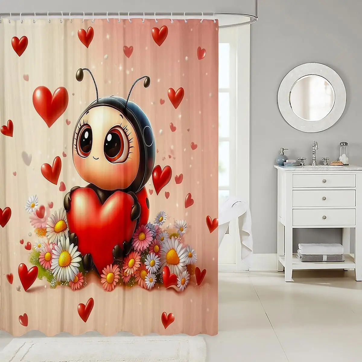 Cute Cartoon Ladybug Heart Floral Shower Curtain Waterproof for Bathroom Decor Kids Nursery Polyester Home Accent Shower Curtain