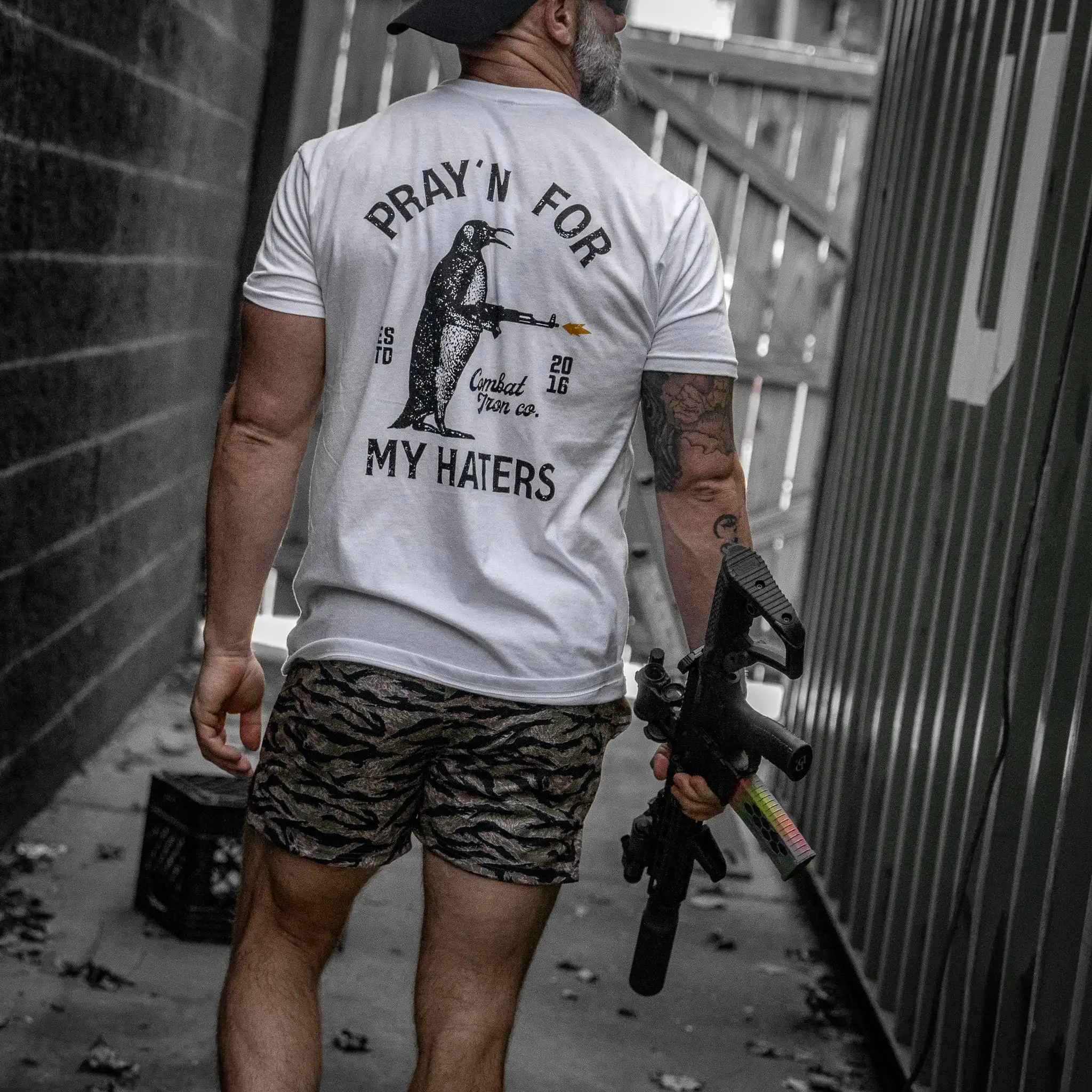 Men's Women's Oversized Crew Neck T-Shirt Pray for My Haters Penguin Gun Funny Tactical Short Sleeve Vintage Casual Tee