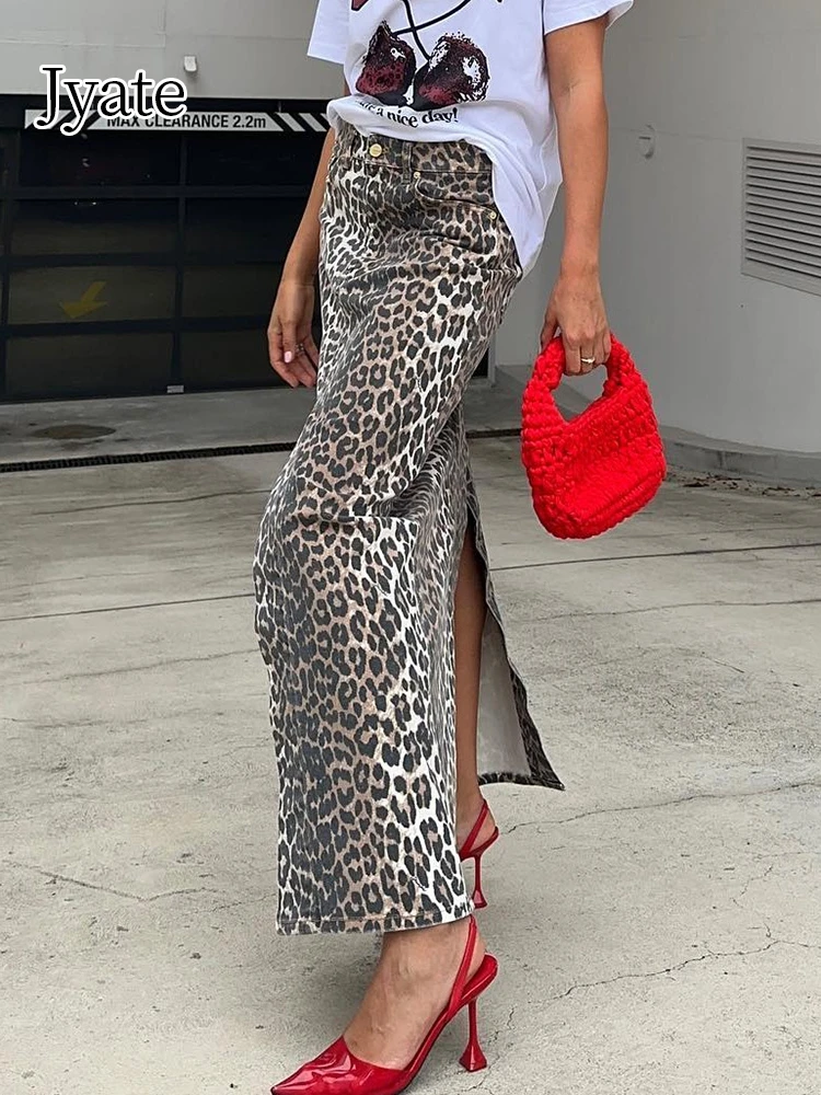 

Jyate Vintage Leopard Print Straight Ankle-length Skirt 2024 Spring Summer Fashion New Slit Sexy Long Skirt Casual Women Jupe