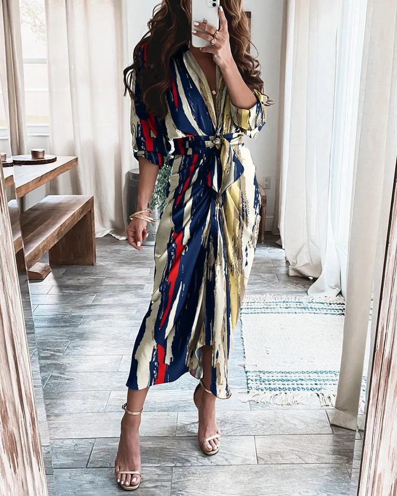 الصيف ضمادة قميص المرأة أزياء زر Ruched اللباس عارضة قصيرة الأكمام فستان مُزين بطباعة الإناث أنيقة حزب اللباس رداء