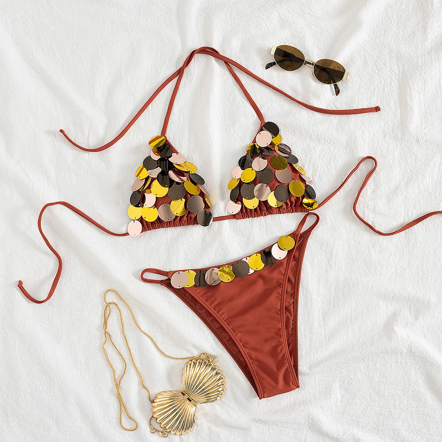2026 New Bandeau Biquini Sexy Bikini Set Women Swimsuit Female Swimwear Shiny Botton Swimming Suit Halter Bodysuit Beach Outfits