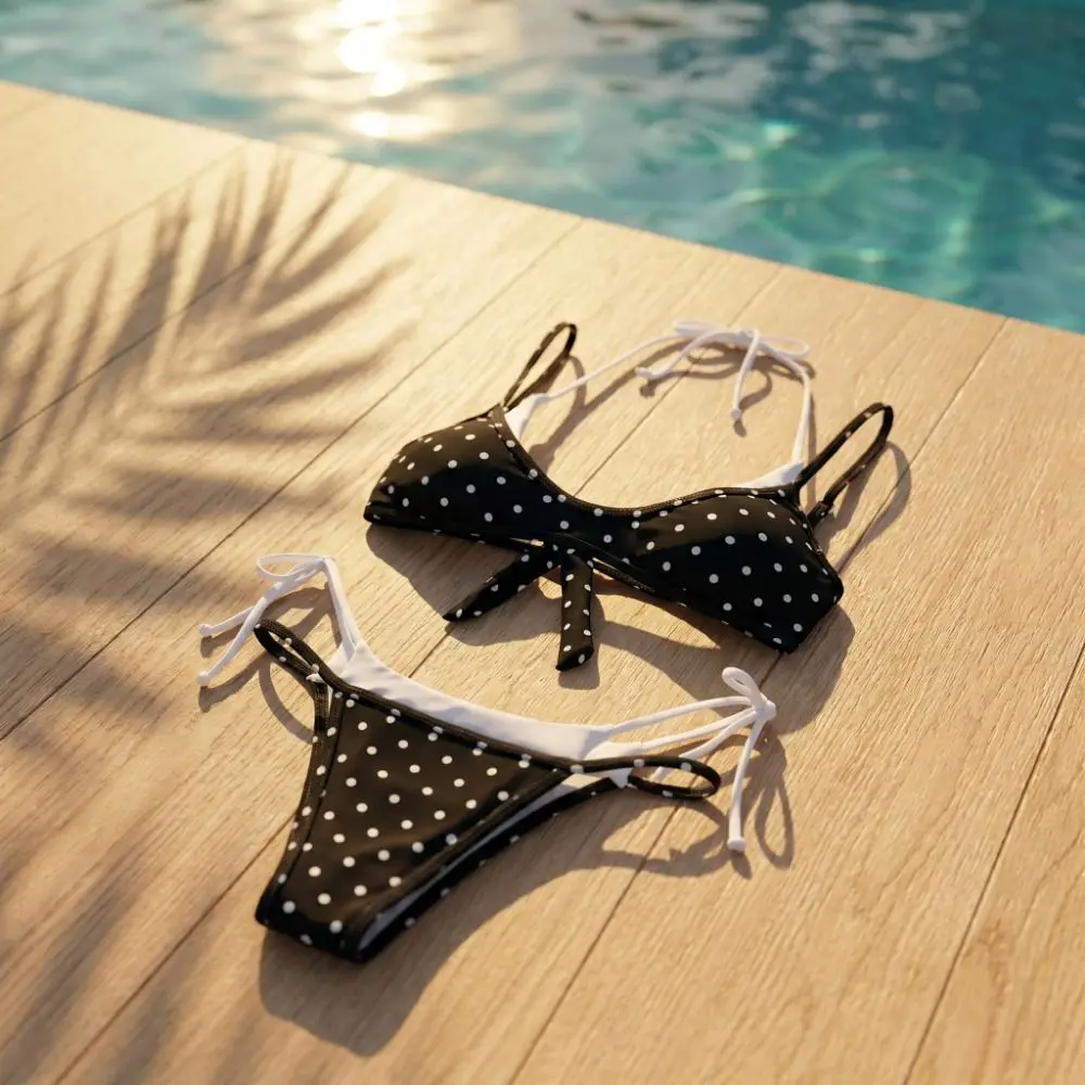 Push Up Polka Dot Halter Bikini Set Low Waist Deep V Ladies' Swimwear Lace-up Patchwork Summer Beachwear Beach