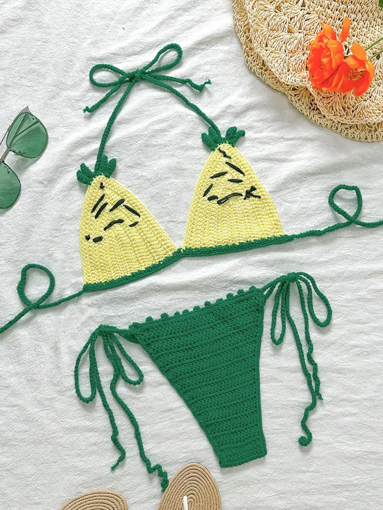 

Вязаный крючком комплект бикини с принтом ананаса и завязками на шее для женщин, для летнего пляжного отдыха