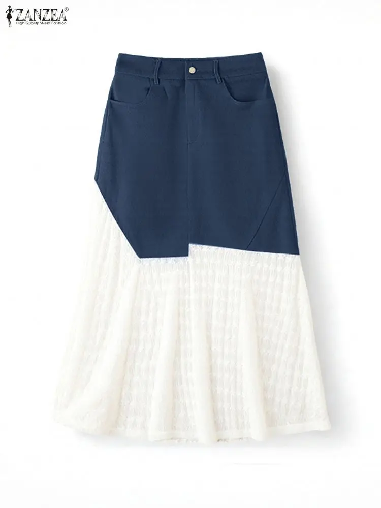 

Elegant Women High Waist Long Skirts ZANZEA Fashion Maxi Jupes Faldas Saia 2025 Autumn Lace Patchwork Office Streetwear Bottoms