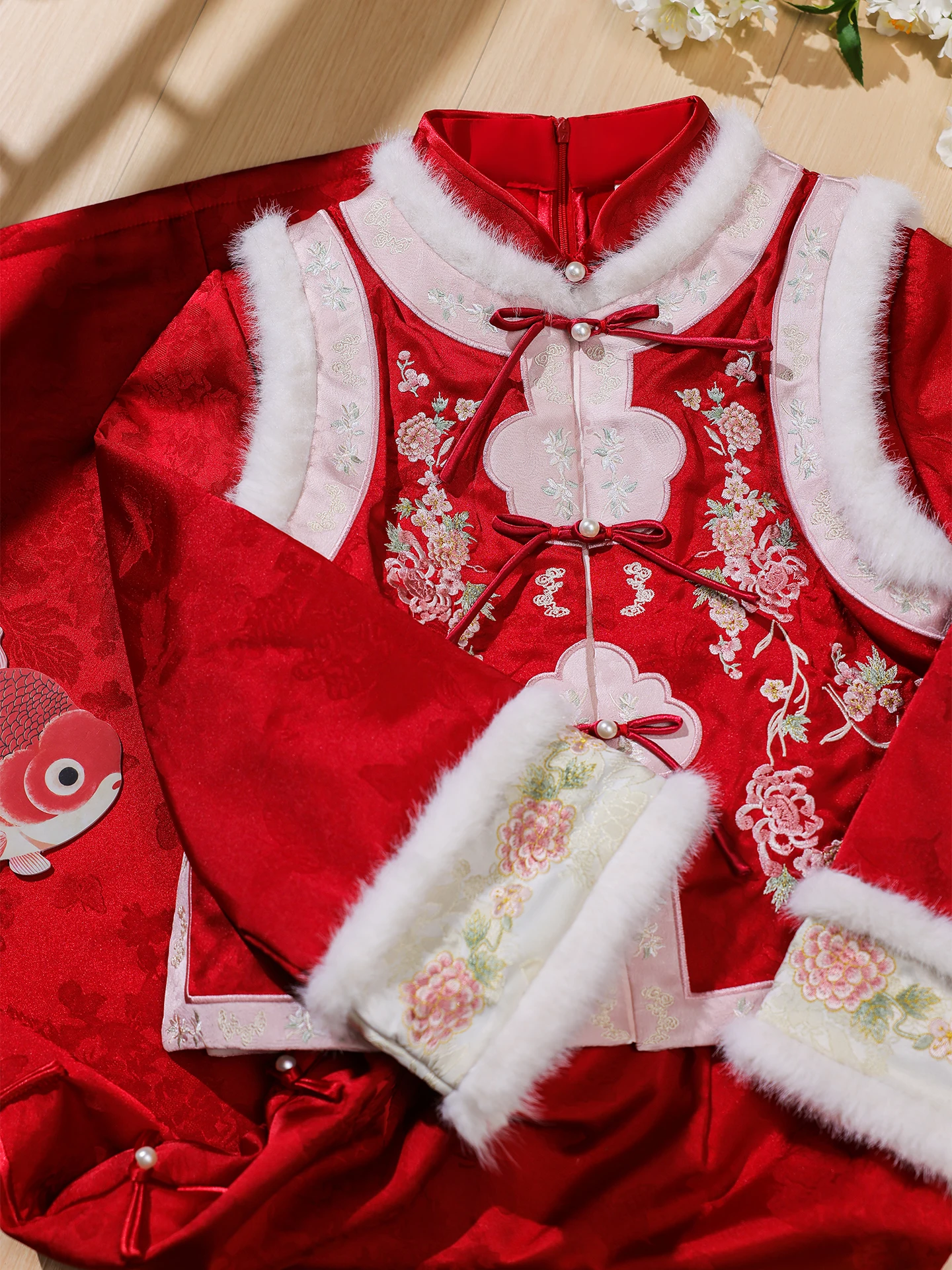 

Red Velvet Flag Robe New Year Visit Warmth Set Fce Lined Chinese Sle Long Dr with Low Slit for Women