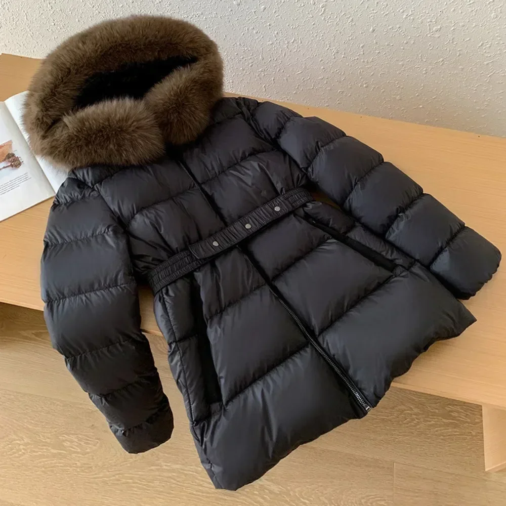 Down Jacket New Winter Warm Hooded Fashion Slim Waistband Fur Puffer Real Fox Fur Collar High Quality Light Luxury Women Coat