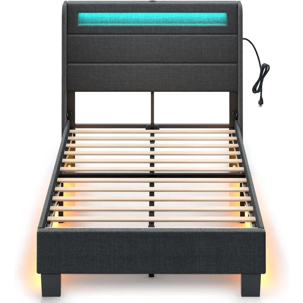 Bed Frame with LED Lights and Charging Station,Upholstered Bed with Motion Activated Night Light and Wood Slats,Dark Grey