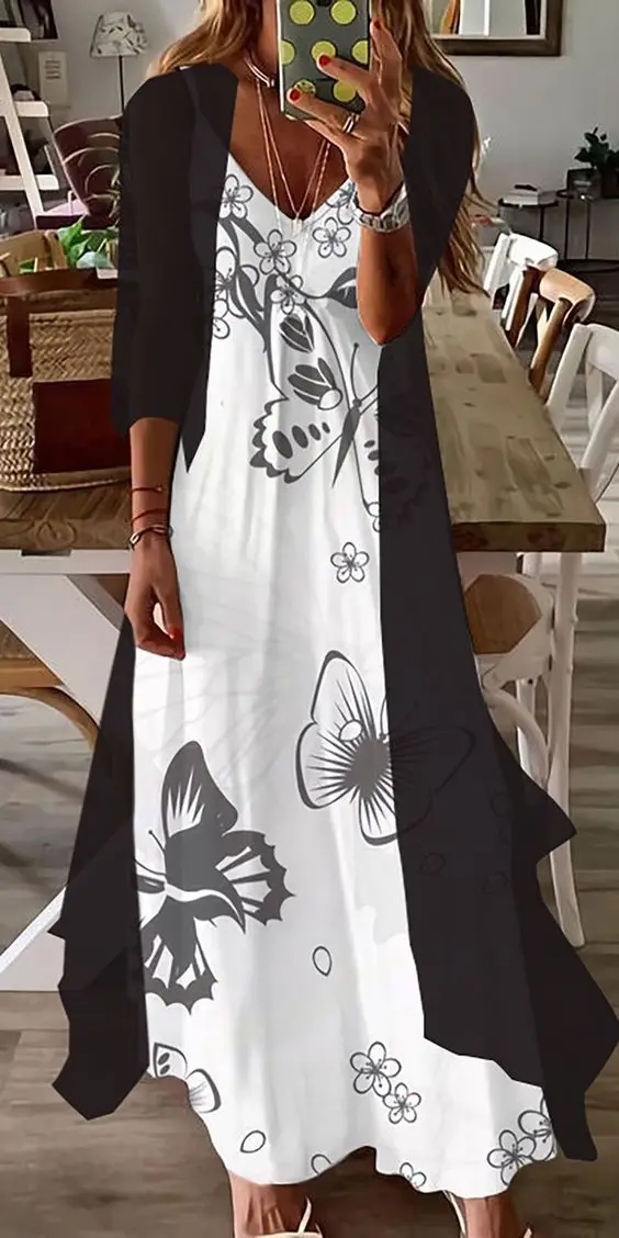 Europe and The United States Women's Summer Fashion Printed Holiday Halter Long Dress,Indian Style Big Swing Dress Two-piece Set