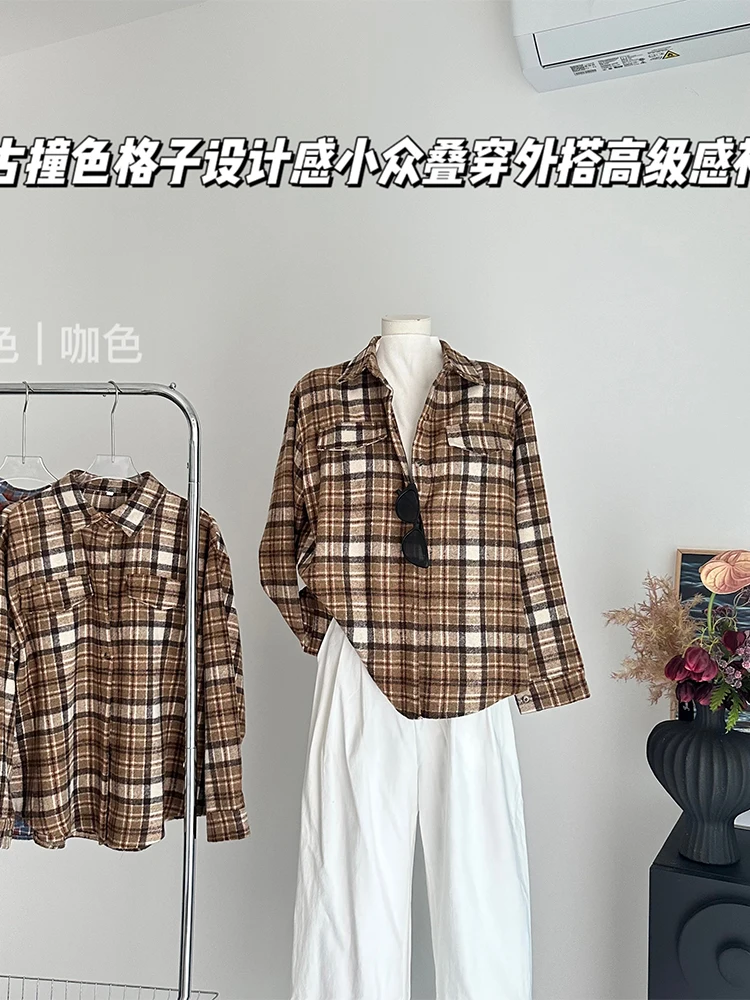 Women Coffee Plaid Shirts and Blouses Y2k Vintage Korean Harajuku 2000s Elegant Long Sleeve Polo-Neck Shirt Trashy Clothes 2024