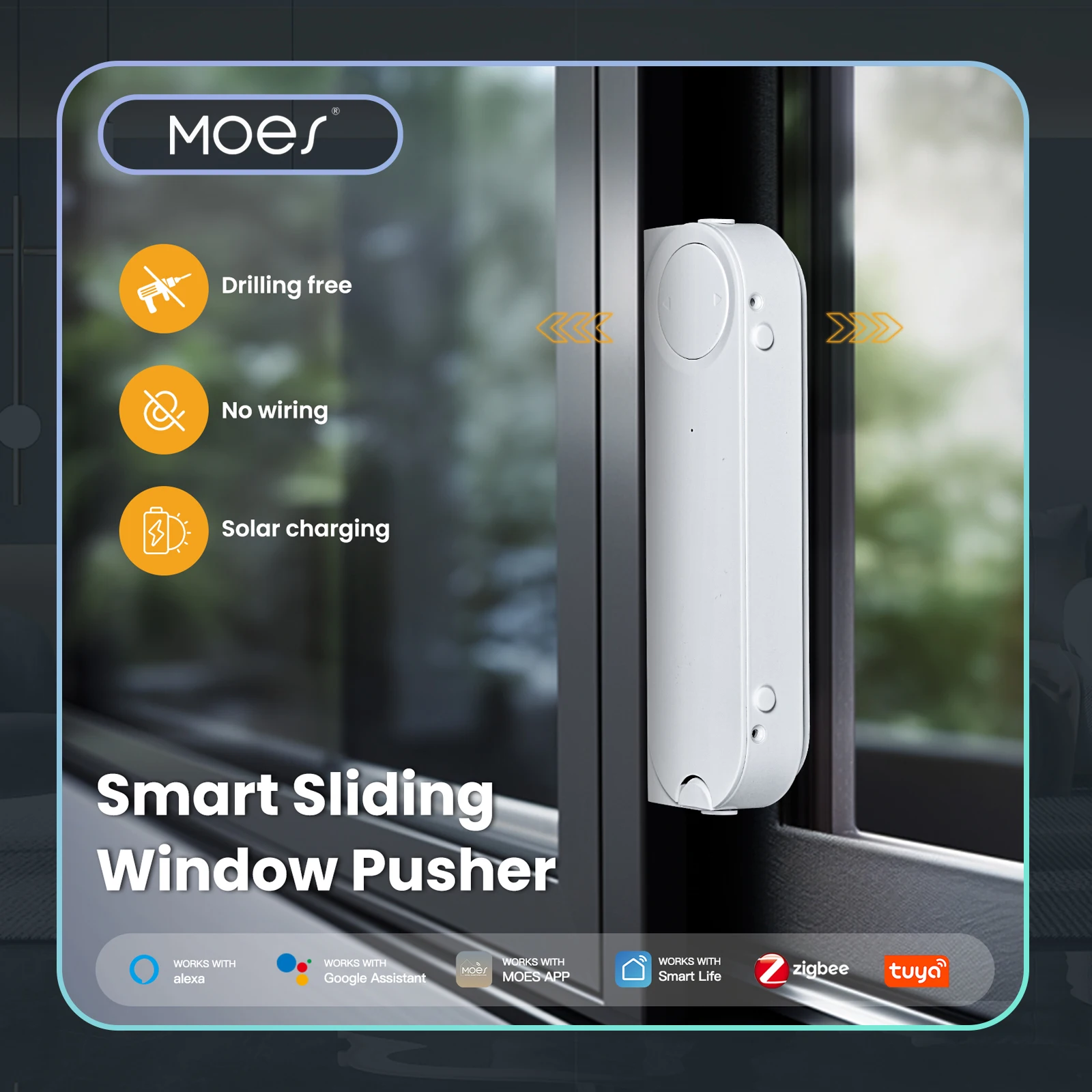 MOES Tuya ZigBee Smart Sliding Window Pusher Automatic Opener Closer Solar Charging App Remote Control Support Alexa Google Home