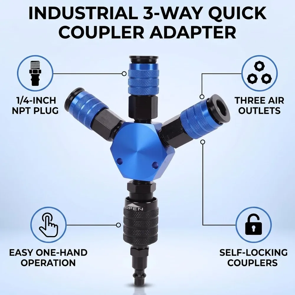 Thread Design 3 Way Air Hose Splitter 1/4 Inch NPT Size Industrial Grade Quick Connect Adapter Hex Style