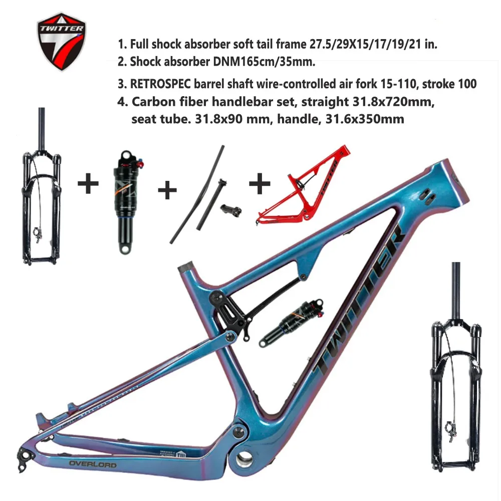 

TWITTER-Full Suspension Carbon Fiber Mountain Bike Frame Barrel Pumping, Hydraulic Disc Brake, AM Class, 27.5 ", 29", 12x148mm