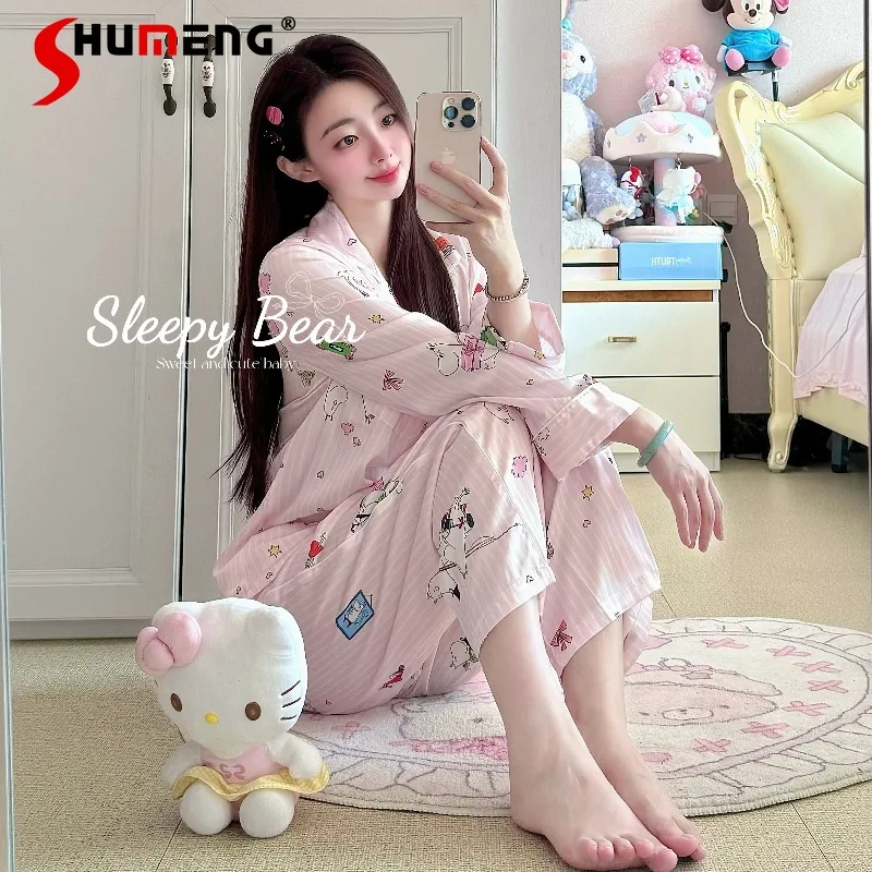 

Autumn New Cute Animal Striped Sleep Set Ladies Ice Silk Long Sleeve Long Pants Suits Women's Japanese Style Cute Homewear
