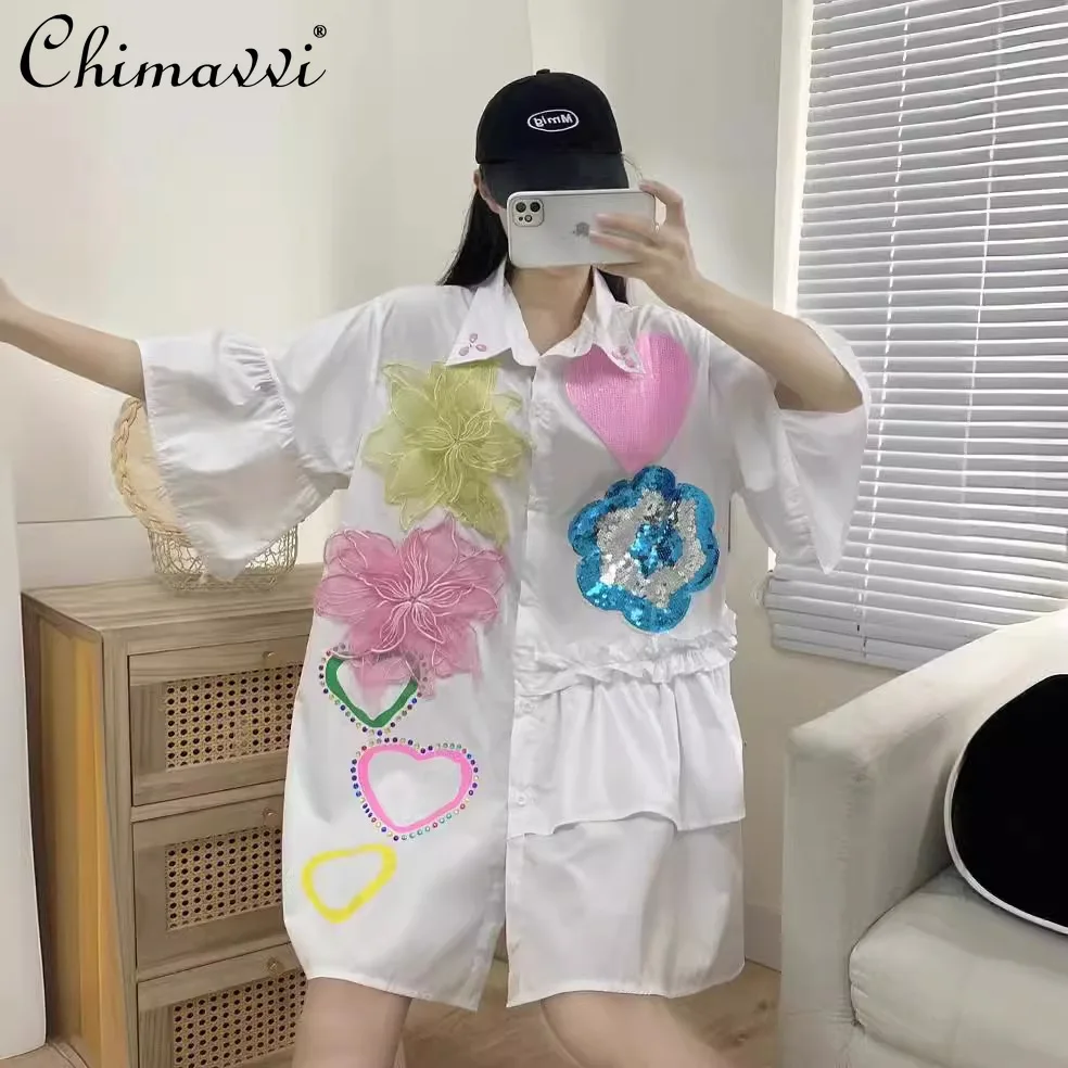 

2024 Summer New Fashion Shirt Girly Style Mid-Length Heavy Industry Beads Diamond Three-Dimensional Flower Loose Sweet Blouse