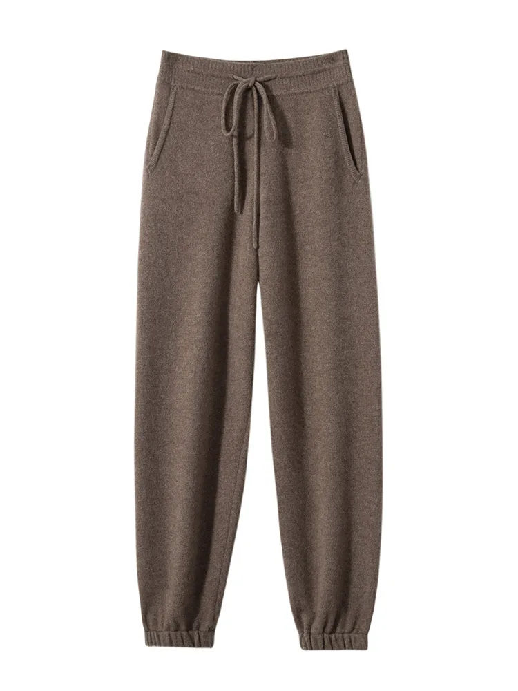 Pantalones de Cachemira de alta gama para mujer, pantalón de tubo de punto con cintura elástica, pantalones deportivos de pierna pequeña con boca elástica, otoño e invierno, 100%