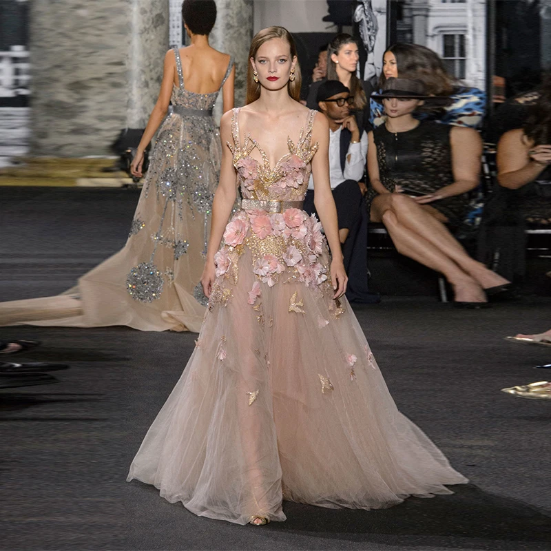 

Elie Saab Pink Feather Champagne Dress Gold Sequins A-line فساتين السهرة vestidos de fiesta فساتين سهره evening dresses