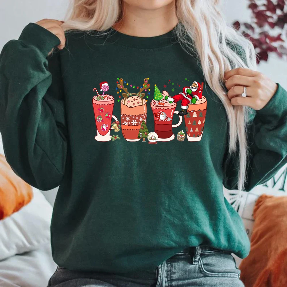 

Christmas Coffee Sweatshirt Merry Christmas Pullovers Women Long Sleeve Crewneck Sweatshirts Cute Santa Claus Graphic Hoodies