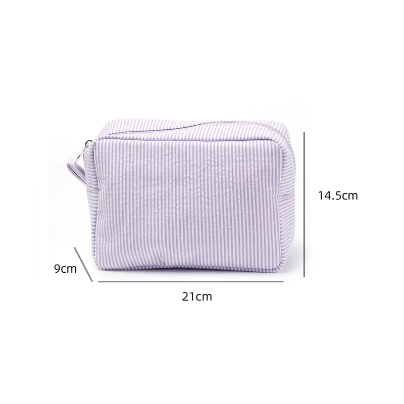 Seersucker Ruffle Cosmetic Bags Pink/Purple Striped Storage Make Up Bags for Women Lady with Zipper Travel Bag Makeup Bag