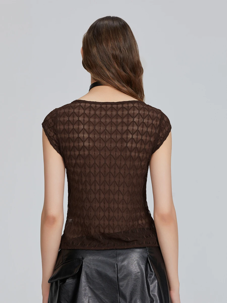 Y2k Women\'s Mesh Crop Tops Cap Sleeve Sweetheart Neck Tie-up Front Slim Fit T-Shirts Aesthetic Clothes