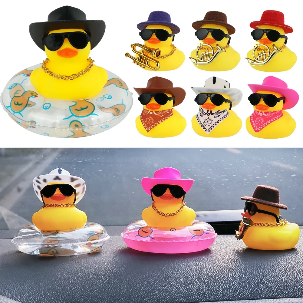 Rubber Duck with Swim Ring Hat Scarf Glasses for Car Dashboard Squeaky Duck Bath Toy Yellow Duck Car Accessories Decorations