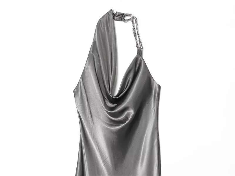 Abito da donna 2025 Autunno Nuovo stile Abito lungo in raso con perline asimmetrico grigio Elegante e grazioso