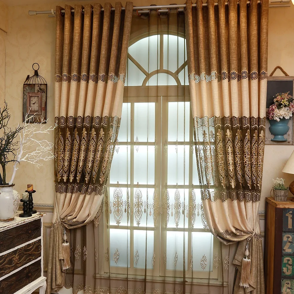 Chinese Brown Embroidered Cotton Linen Curtains Window For living Room Bedroom Tulle Curtains Drapes Decoration