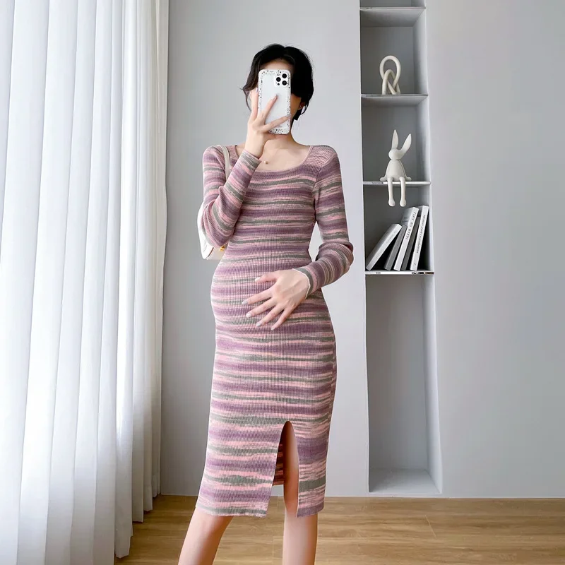 

2022 New Pregnant Clothes Sheath Women Striped Autumn Elasticity Long Sleeves Hot Mom Casual Knit Maternity Dresses Elegant