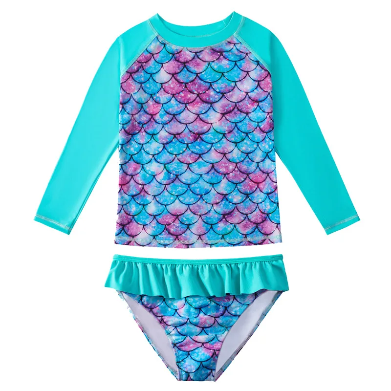 European And American Style Girls Long Sleeves Split Bathing Suit 3-9Years Kids Bikini Mermaids 3D Print Sunscreen Swimsuits