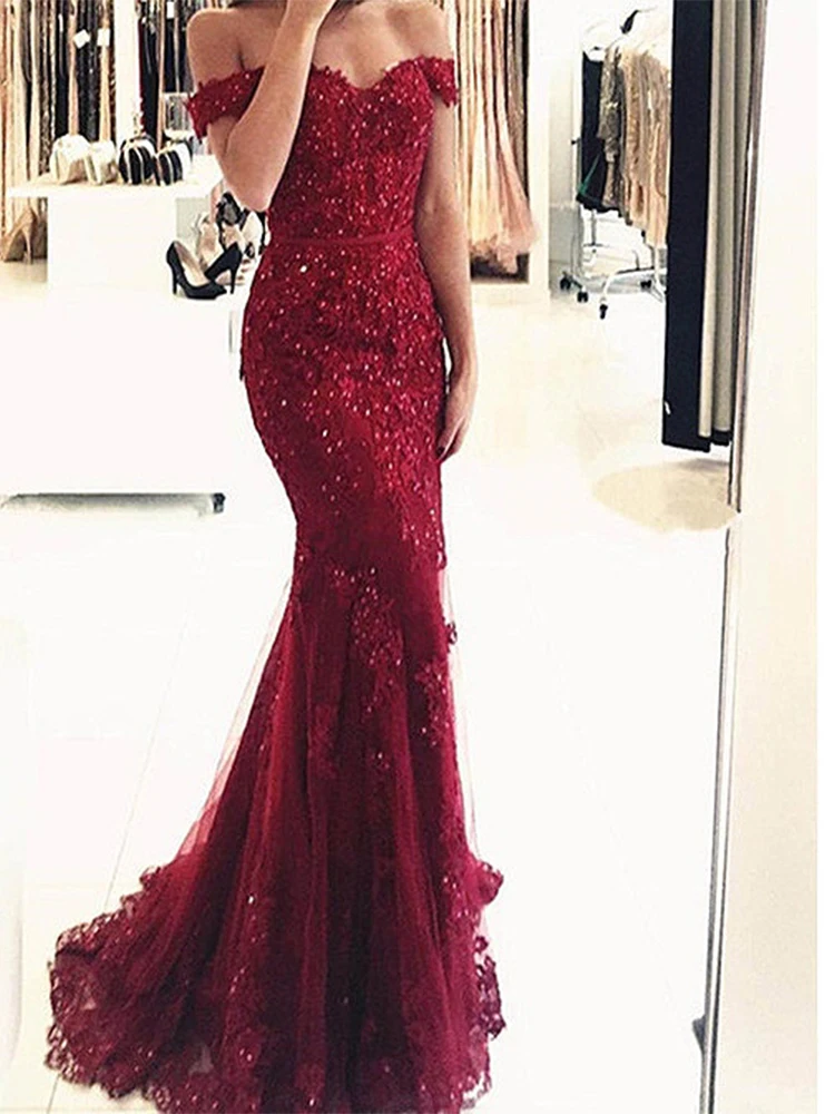 Vestidos de novia de sirena roja para mujer, apliques de encaje, hombros descubiertos, cordones en la espalda, vestidos de invitados de boda, hechos a medida