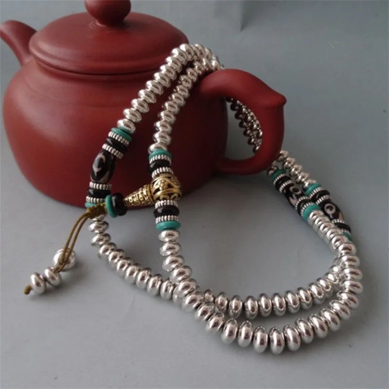 Collectibles White Copper Tibetan Rosary Beads Turquoise Dzi Beads Agate Copper Bracelet Necklace