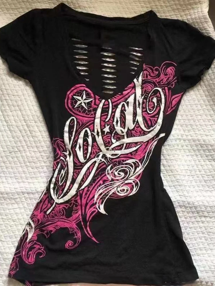 レディース レトロ ホローアウト デザイン クロップド丈 Tシャツ パンク スリム 半袖 ゴシック系 原宿 ジッパー トップス 夏 Y2K 新作