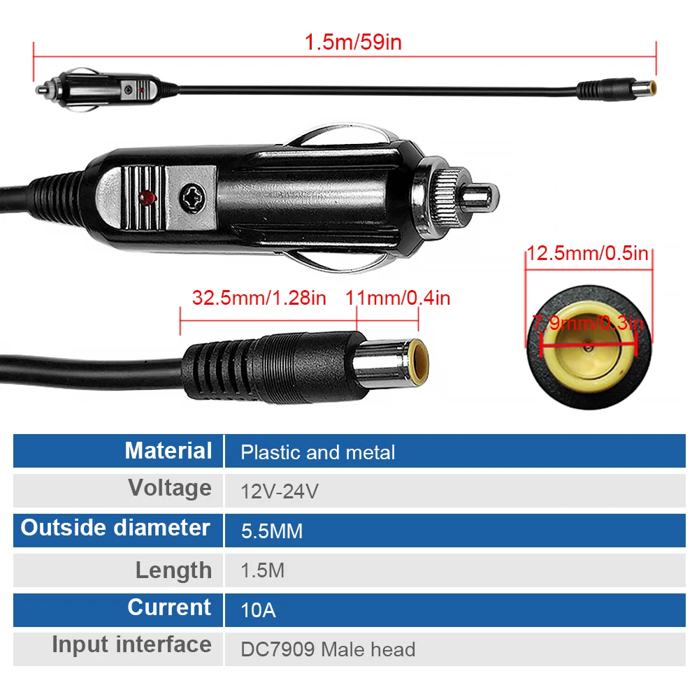 Car Charger Universal Power Cord 12V-24V Auto Cable For Cars DVR Bluetooth Speakers Camera GPS Laptop DC7909