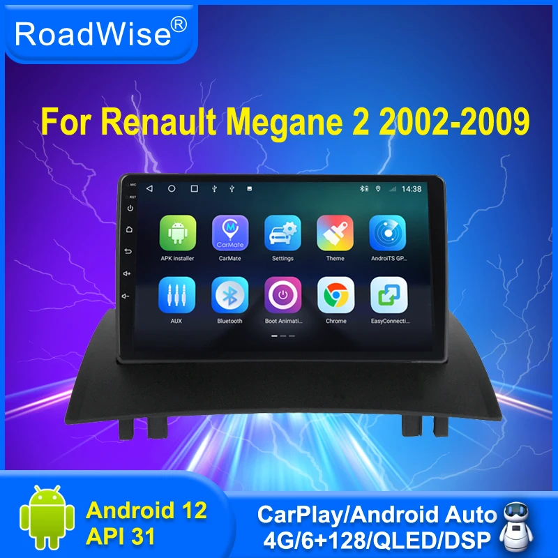 Roadwise Android 12 Car Radio Multimedia Carplay For Renault Megane 2 2002-2007 2008 2009 4G Wifi DSP DVD Navi GPS 2din Headunit