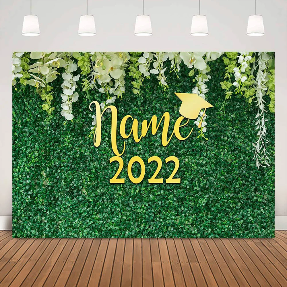 Name Class of 2022 Party Background Decorations Green Grass Wall White Flowers Photocall Golden Bachelor Cap Graduation Backdrop