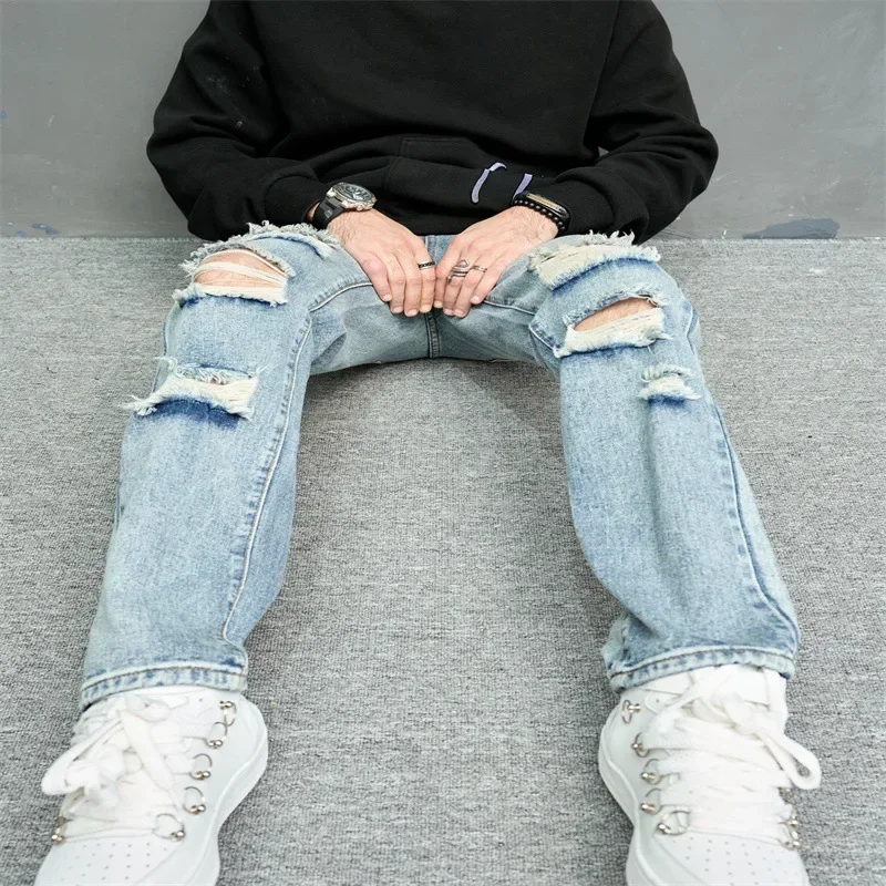 

Streetwear Washed Distressed Jeans Men's Trendy Ripped Straight Cowboys Trousers Autumn Youth Casual Loose Stretch Denim Pants