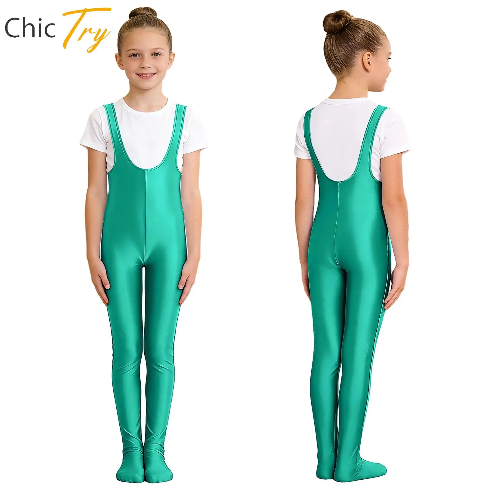 

Kids Glossy One-piece Swimsuit Skating Gymnastics Dance Footed Jumpsuit Sleeveless Bodysuit for Yoga Gymnastic Exercise Sports